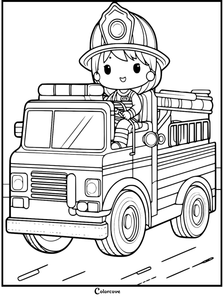 A chibi-style firefighter wearing a large helmet driving a detailed fire truck in this printable coloring page.