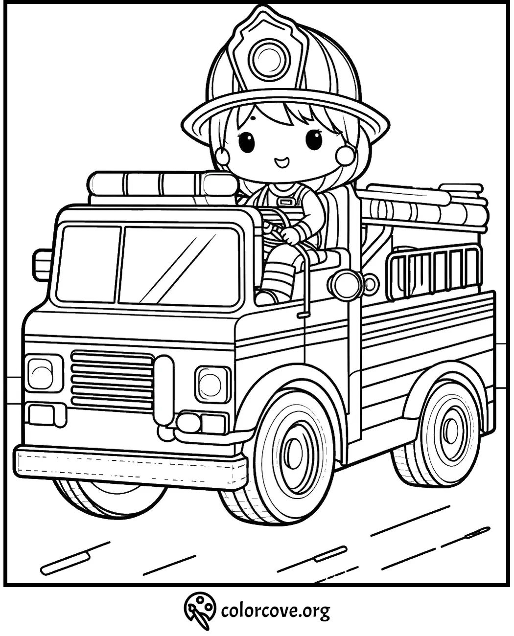 Cute firefighter driving a fire truck coloring page for kids. Fun printable firefighter-themed coloring sheet.