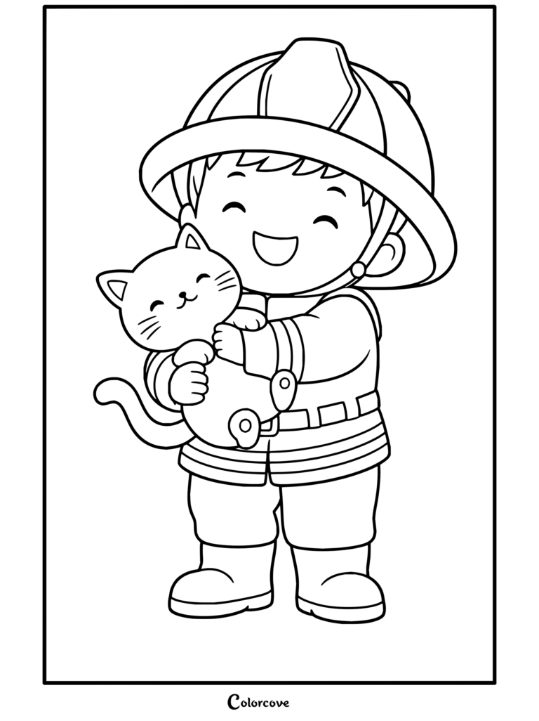 A cute firefighter child holding a cat coloring page, showing a happy firefighter in a large helmet gently cradling a smiling cat.