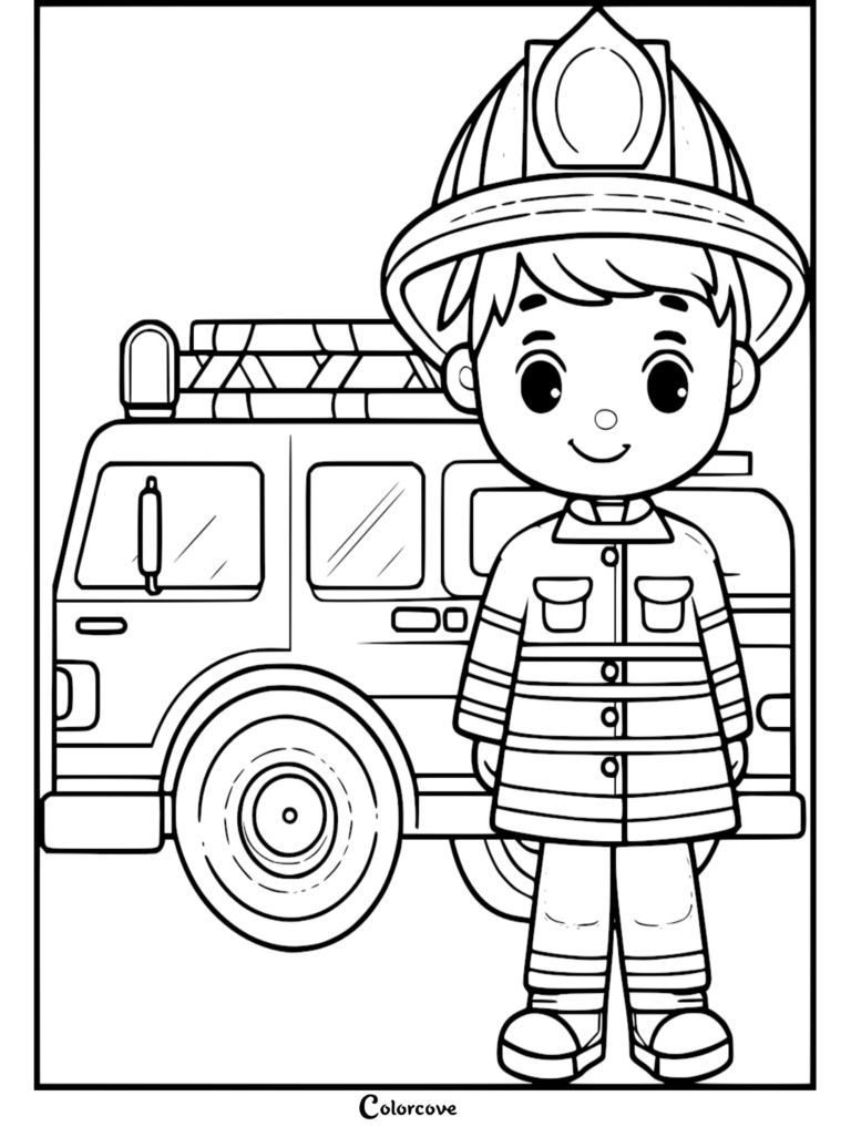 A cute cartoon firefighter wearing a large helmet and uniform standing in front of a fire truck in this printable coloring page.