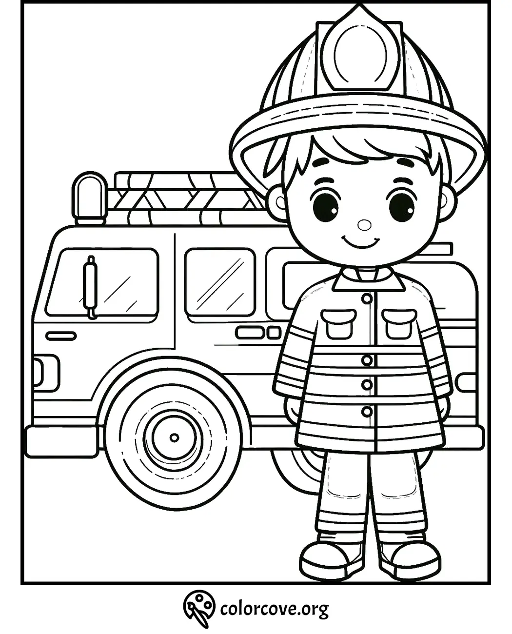 Cute firefighter coloring page for kids featuring a firefighter in uniform standing in front of a fire truck.