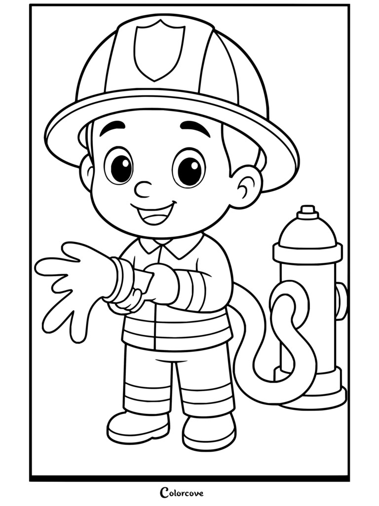 Coloring page featuring a cute young boy firefighter holding a hose next to a fire hydrant