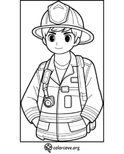 Cartoon firefighter coloring page for kids featuring a smiling child in firefighter gear. Great for creative play and education.