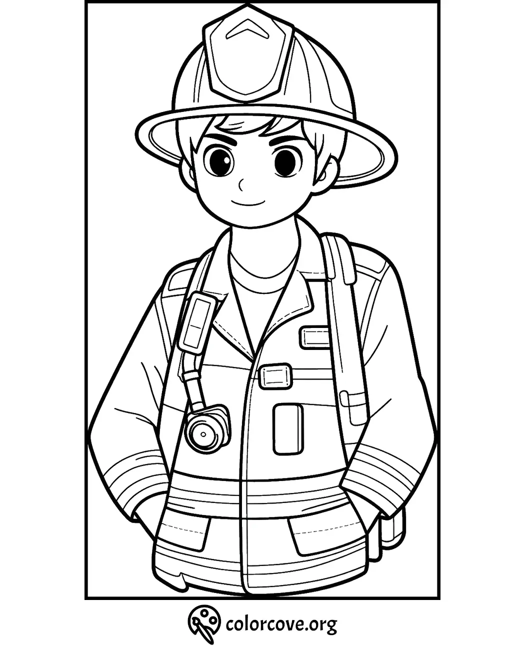 Cartoon firefighter coloring page for kids featuring a smiling child in firefighter gear. Great for creative play and education.