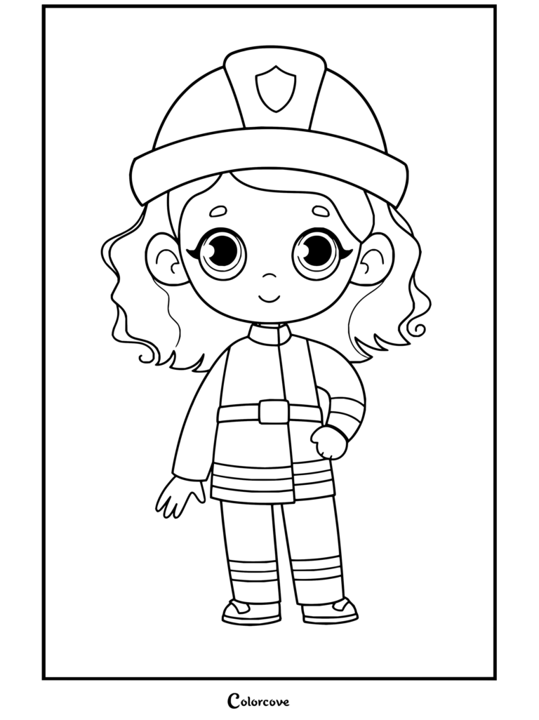 Printable coloring page of a female firefighter cartoon character wearing red uniform and helmet done