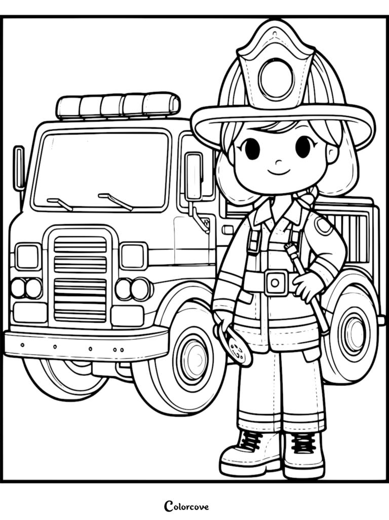 A cute chibi firefighter wearing a large helmet and uniform standing in front of a detailed fire truck, line art coloring page.