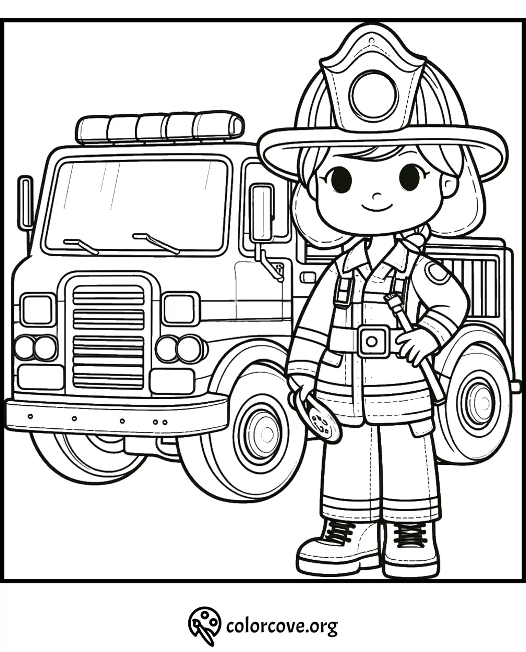 Firefighter coloring page with fire truck. Kids activity coloring page featuring a friendly firefighter and a fire engine.