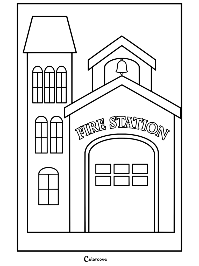Firefighter coloring page featuring a fire station building with red bricks and a bell tower