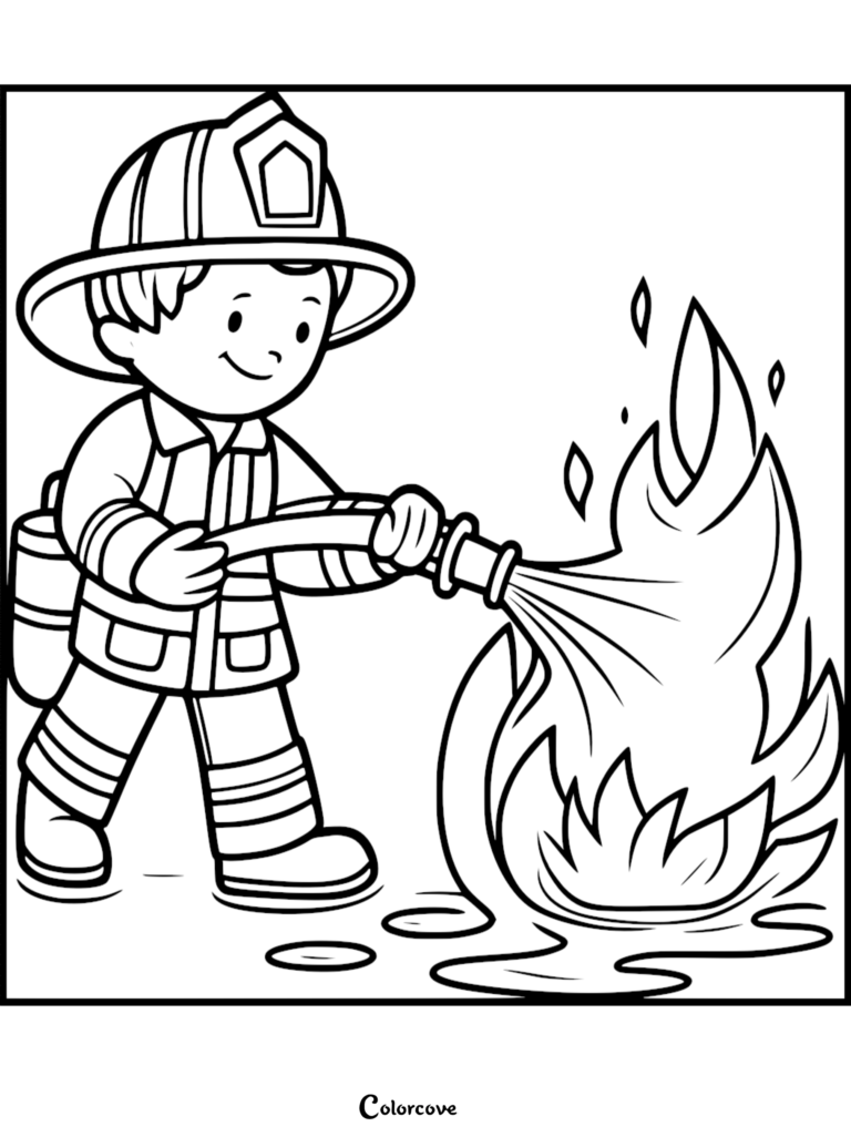 A cute firefighter wearing a helmet and uniform spraying water from a hose onto a small fire in this printable coloring page.