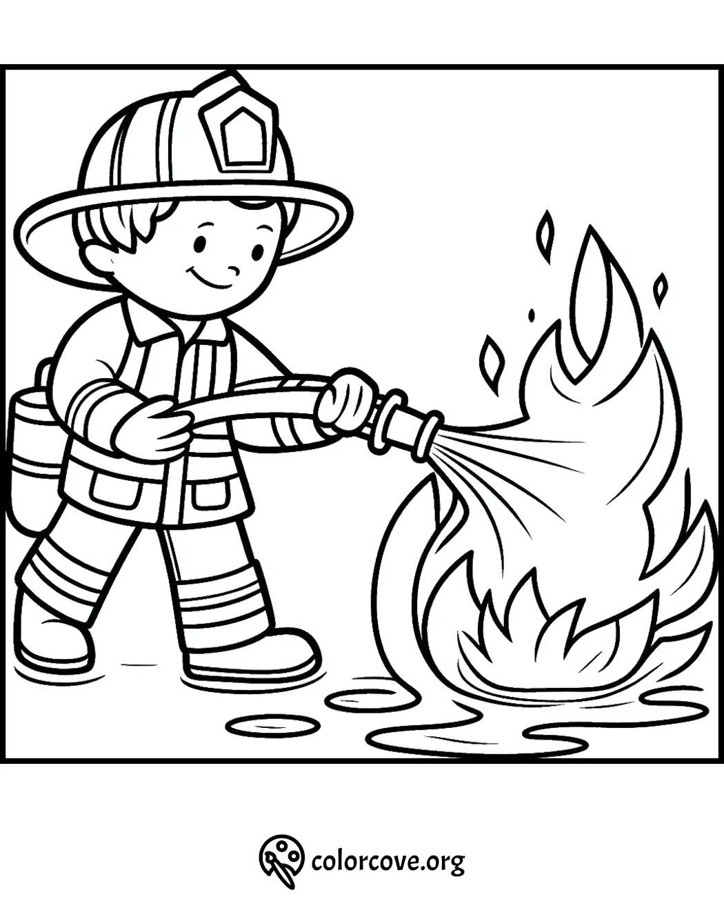 Cute firefighter coloring page for kids: firefighter extinguishing a fire with a hose. Great for children's activities.