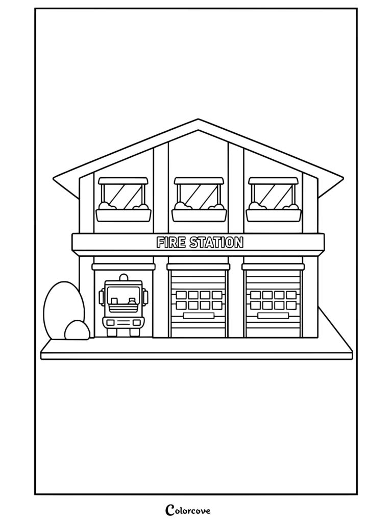 Printable firefighter coloring page featuring a fire station building with red doors and a fire truck inside.