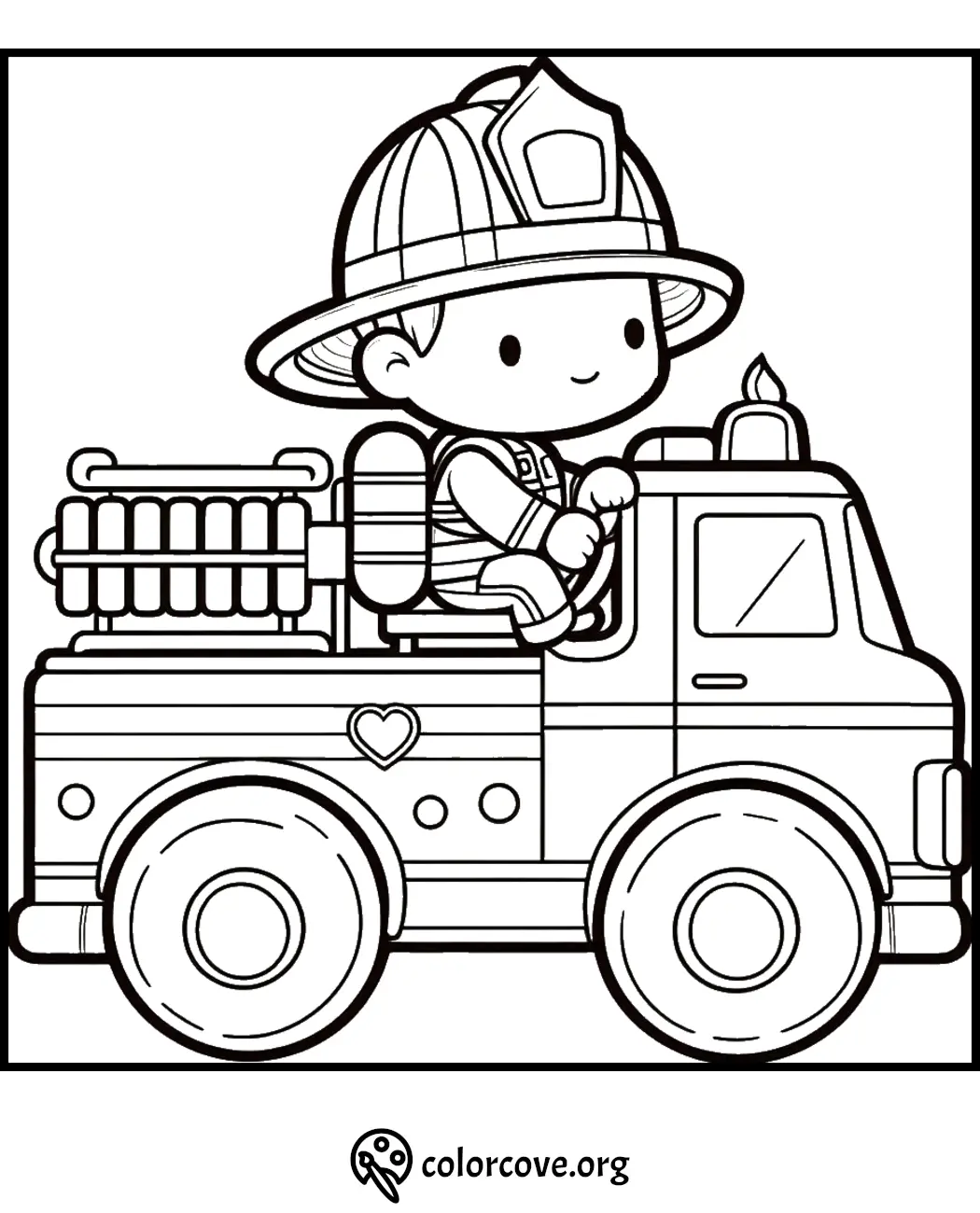 Cartoon fireman driving a fire truck coloring page for kids with cute design and simple lines for easy coloring.