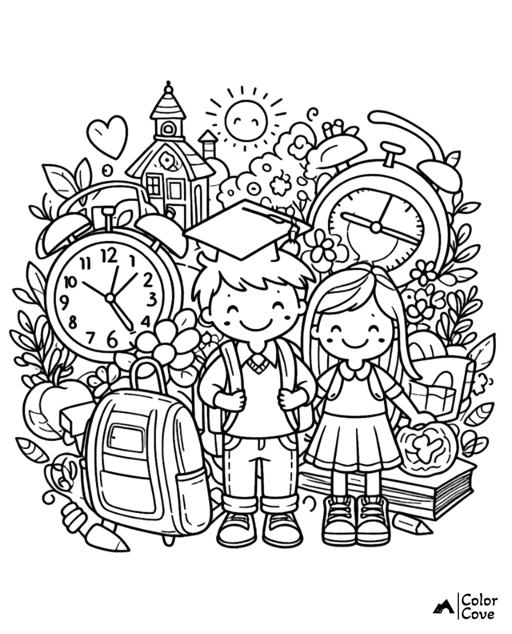 Back to school coloring page with happy kids, alarm clocks, books, backpacks, and a school building. Fun and educational!