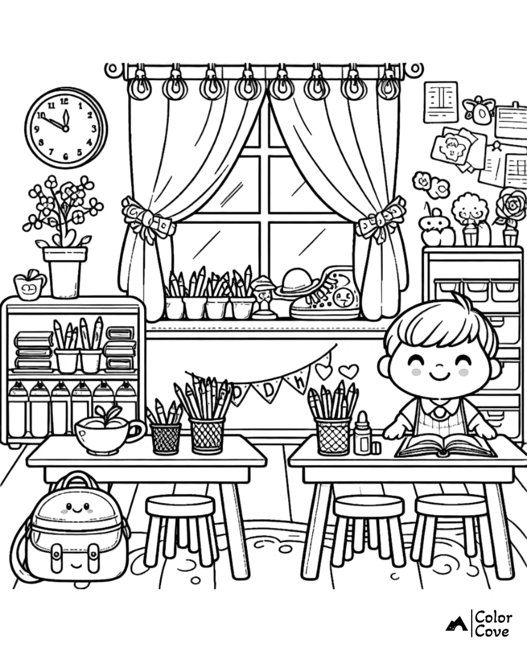 Whimsical classroom coloring page with a cute student, books, pencils, and cozy decor. Perfect for kids' creative fun.