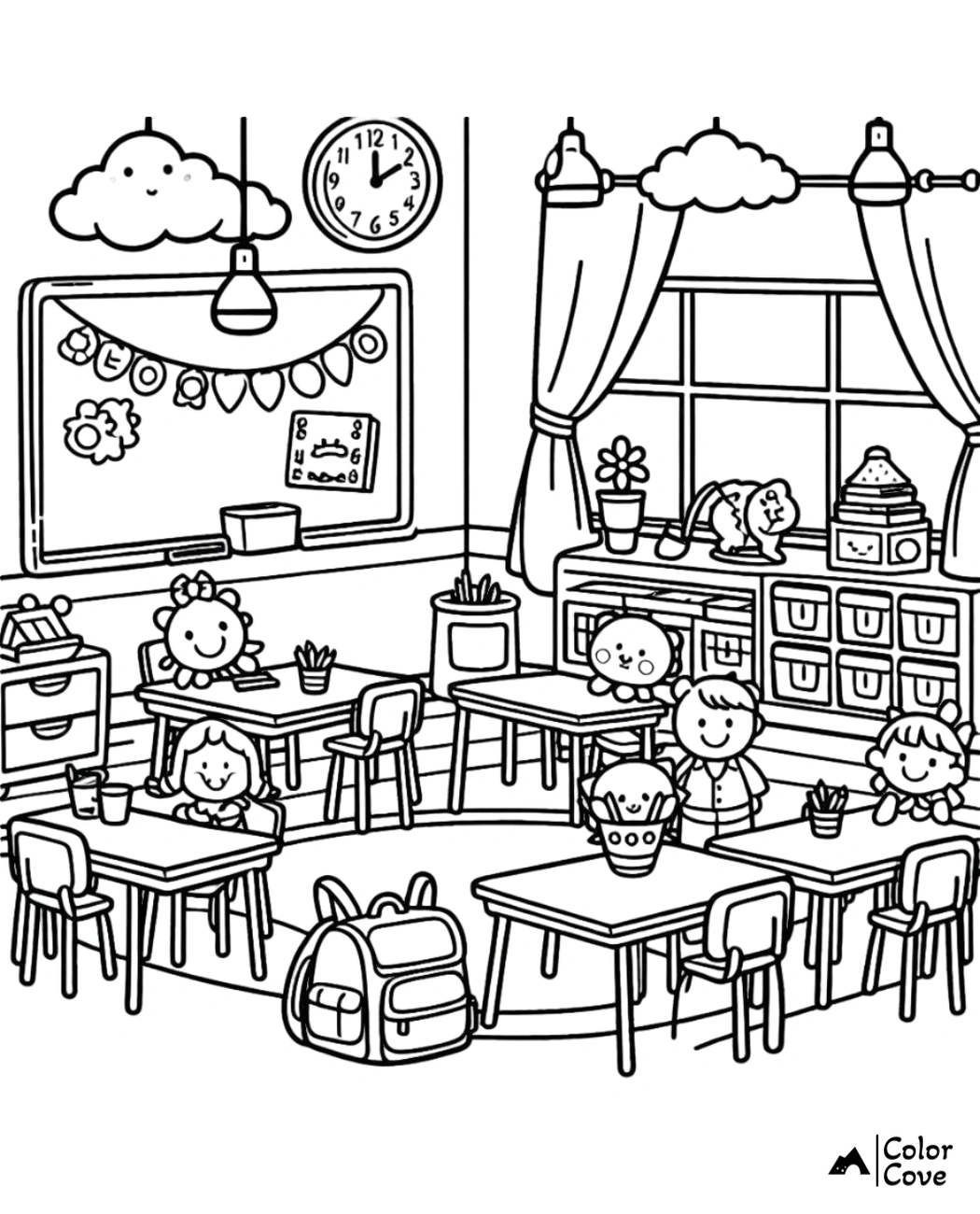 Coloring page of a cheerful classroom with happy children sitting at desks, decorated with plants and educational elements.