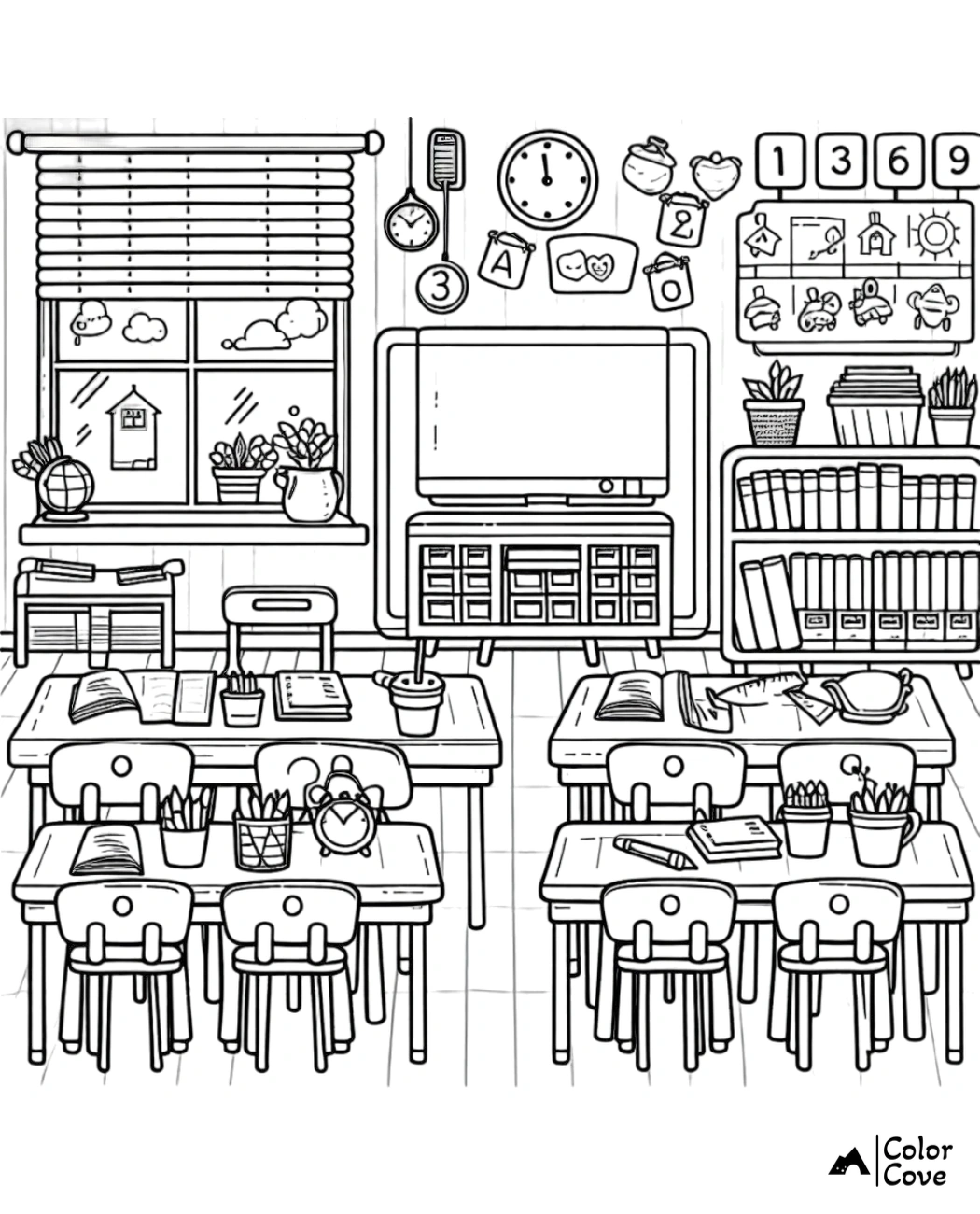 Coloring page of a classroom with desks, chairs, books, and educational decor on walls. Perfect for kids to color and learn.