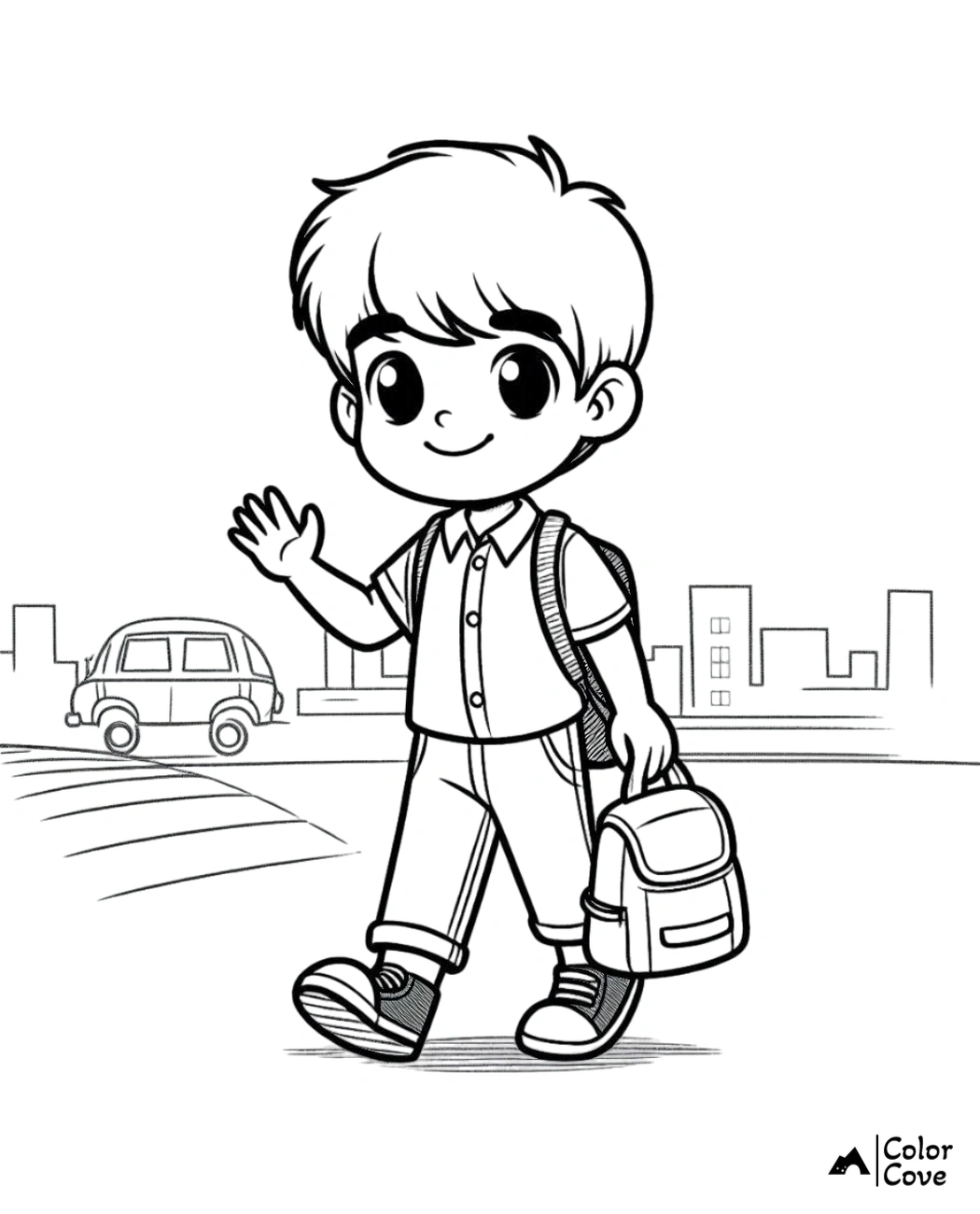 Coloring page of a smiling boy with a backpack waving while walking to school, featuring cars and city buildings in the background.