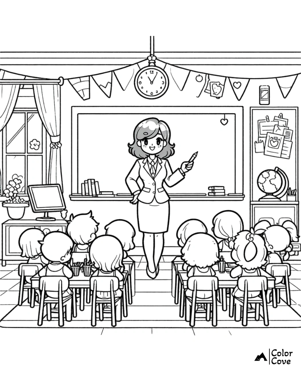 Coloring page of a teacher instructing students in a lively classroom setting with a clock, globe, and computer.