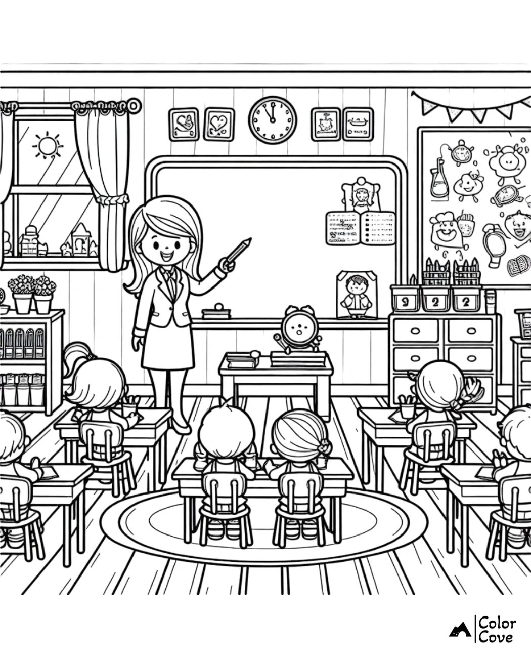 Teacher instructing kids in a classroom, front of the room, coloring page. Children sitting at desks, learning enthusiastically.