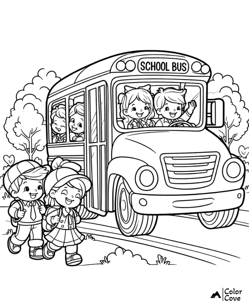 Kids coloring page of happy children boarding a school bus, perfect for back-to-school activities.