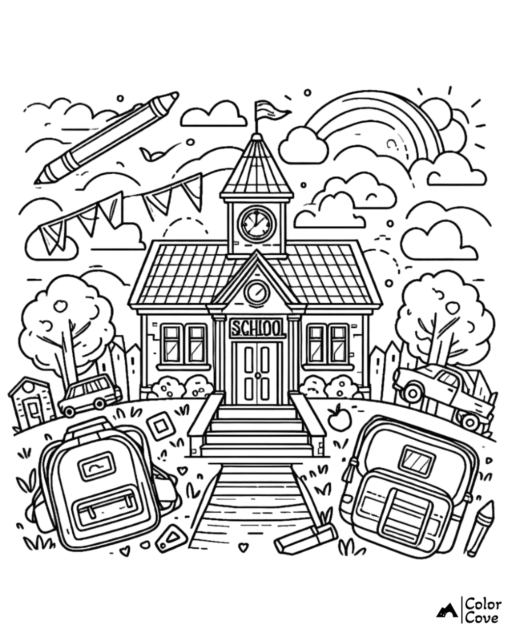 Free printable school coloring page with backpacks, books, and a school building under a rainbow and clouds.