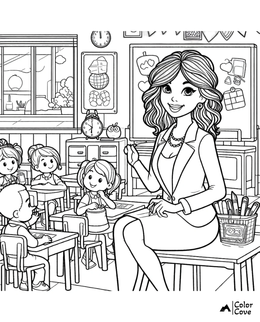 Coloring page of a teacher with students in a classroom, engaging in a lesson with playful illustrations on walls.