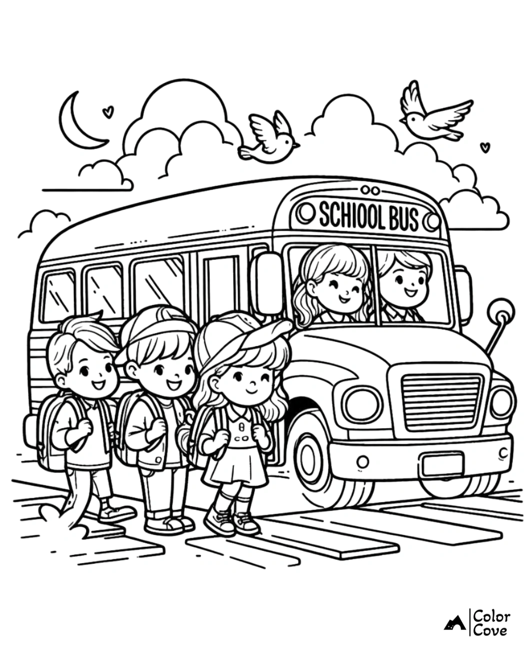 Children boarding a school bus illustration, coloring page with kids, clouds, birds, and moon. Fun educational drawing activity.