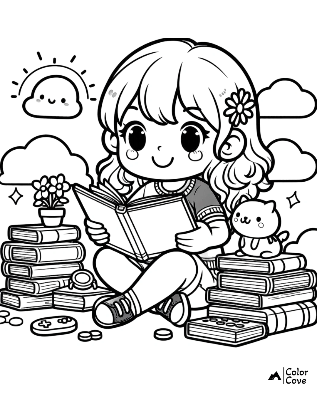 Cute coloring page featuring a girl reading a book with a cat and books around her, plus a smiling sun and flowers.