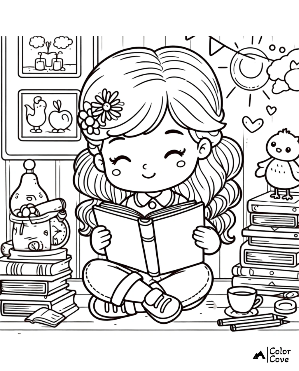 Cute coloring page of a girl reading a book, surrounded by stacks of books, a bird, and a tea cup. Ideal for children.