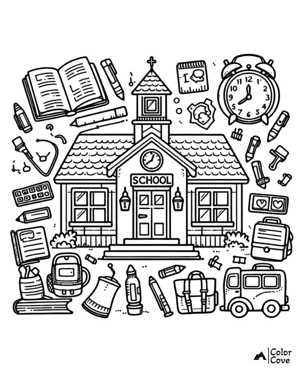 Coloring page of a schoolhouse with various school supplies like books, pencils, a clock, and a backpack around it.