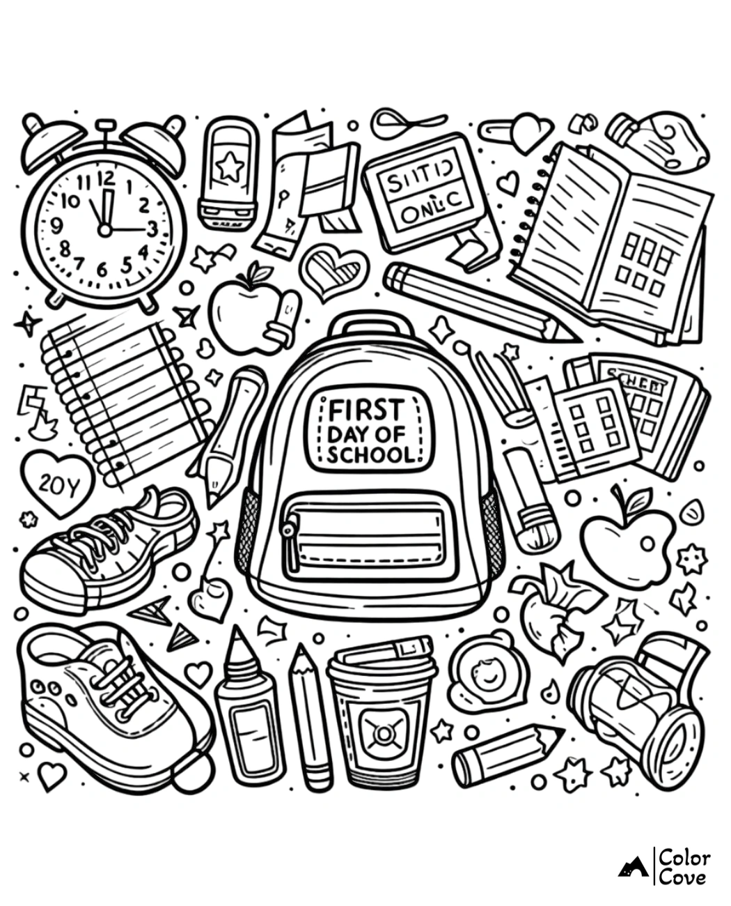 Coloring page featuring back-to-school items like a backpack, notebooks, pencils, clock, shoes, apple, glue, and coffee cup.