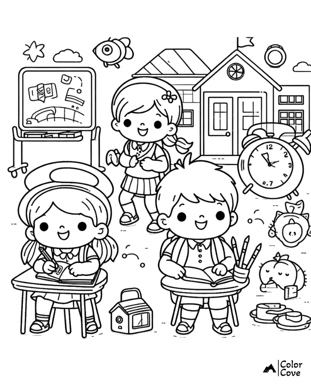 Children's Back-to-School Coloring Page: Kids happily studying, drawing, and playing in a classroom with school supplies.