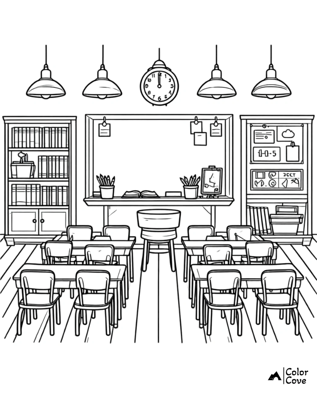 Coloring page of a classroom with desks, chairs, bookshelves, a clock, and a blackboard, perfect for kids to color.