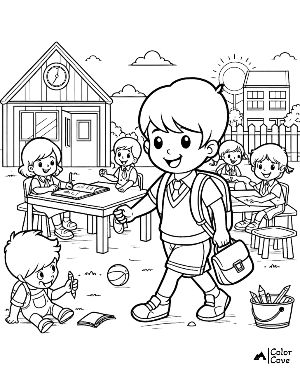 Children enjoying outdoor classroom activities coloring page with school building and cheerful kids holding crayons and books.