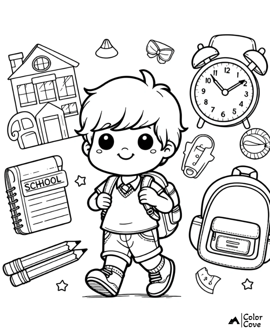 Boy in school uniform with backpack, surrounded by school items and clock in black-and-white coloring page.