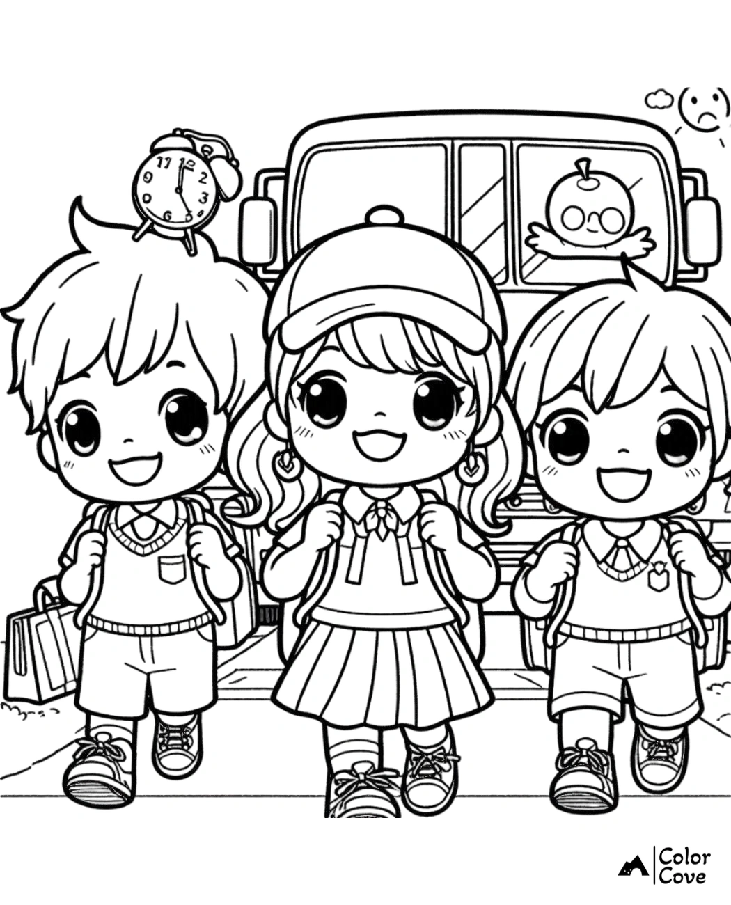 Kids with backpacks walking to school bus coloring page - Color Cove. Ideal for back-to-school coloring activities.