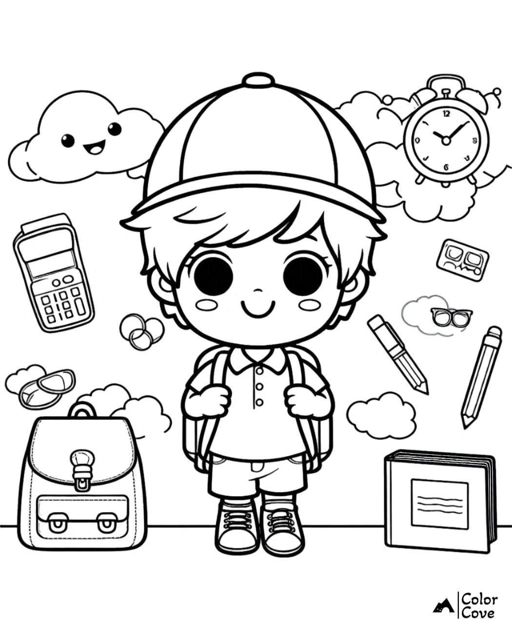 Cute kid with backpack ready for school surrounded by stationery items, clock, happy cloud, and book. Kid's coloring page.