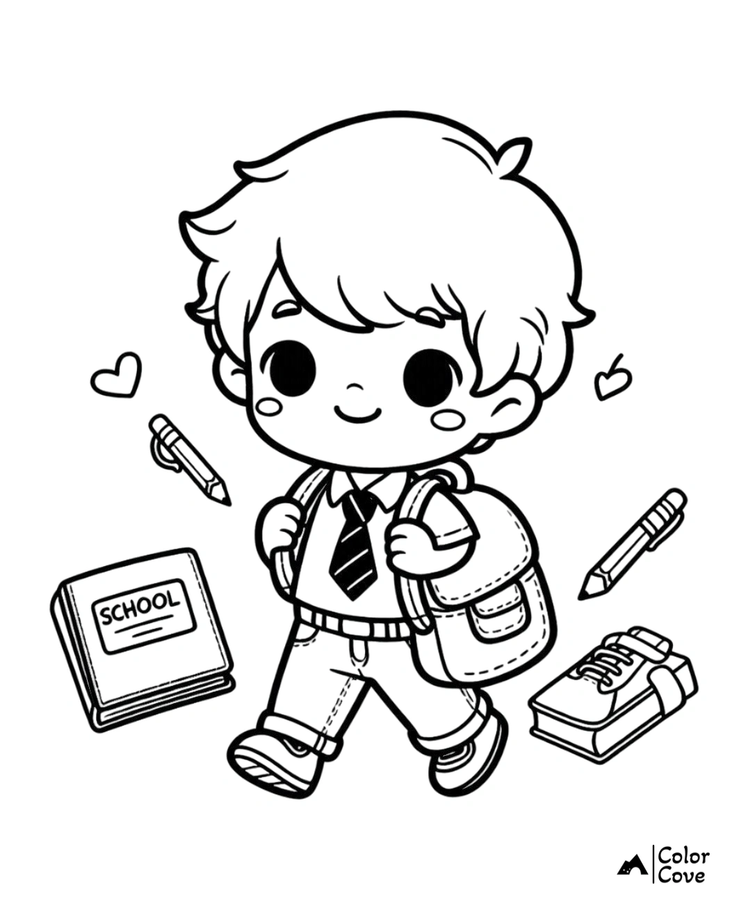 Coloring page of a cute kid with a backpack, surrounded by school supplies like books, pencils, and a shoe, ready for school.