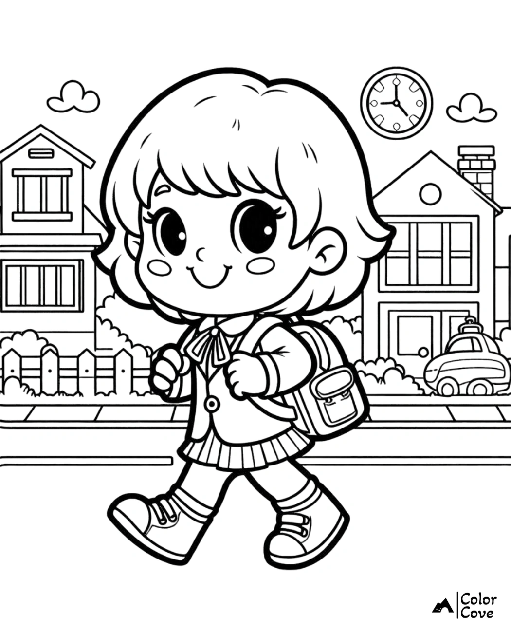 Cute girl with a backpack walking to school, children's coloring page, black and white line art.