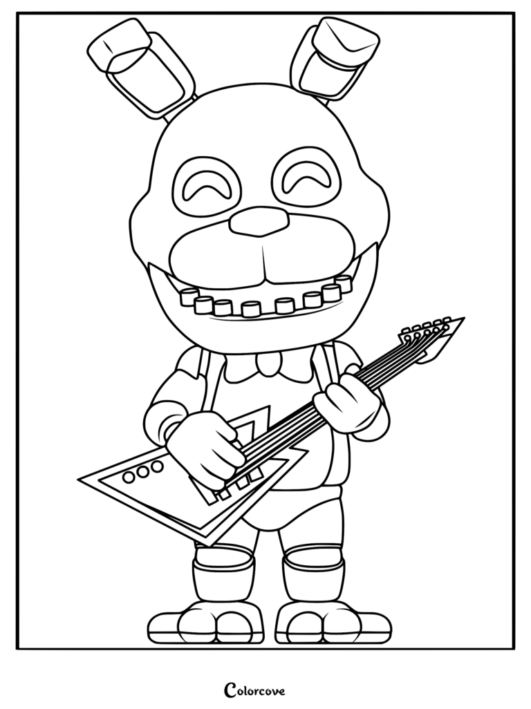 A cute, stylized Bonnie from Five Nights at Freddy's playing a V-shaped electric guitar on a printable coloring page.