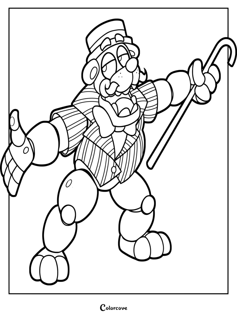 Carnie coloring page featuring the Five Nights At Freddys character wearing a striped vest and top hat while holding a cane