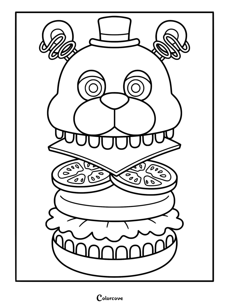 A printable coloring page featuring a creative burger where the top bun is the head of Freddy Fazbear, complete with his signature top hat and ears, stacked above cheese, tomato slices, lettuce, and a bottom bun.
