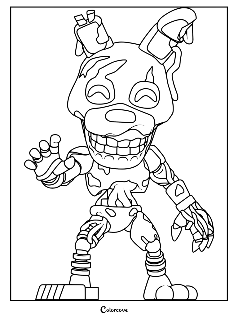 A detailed line art coloring page of Burntrap from Five Nights at Freddy's, featuring his decaying rabbit suit, exposed endoskeleton, and wide, menacing grin.