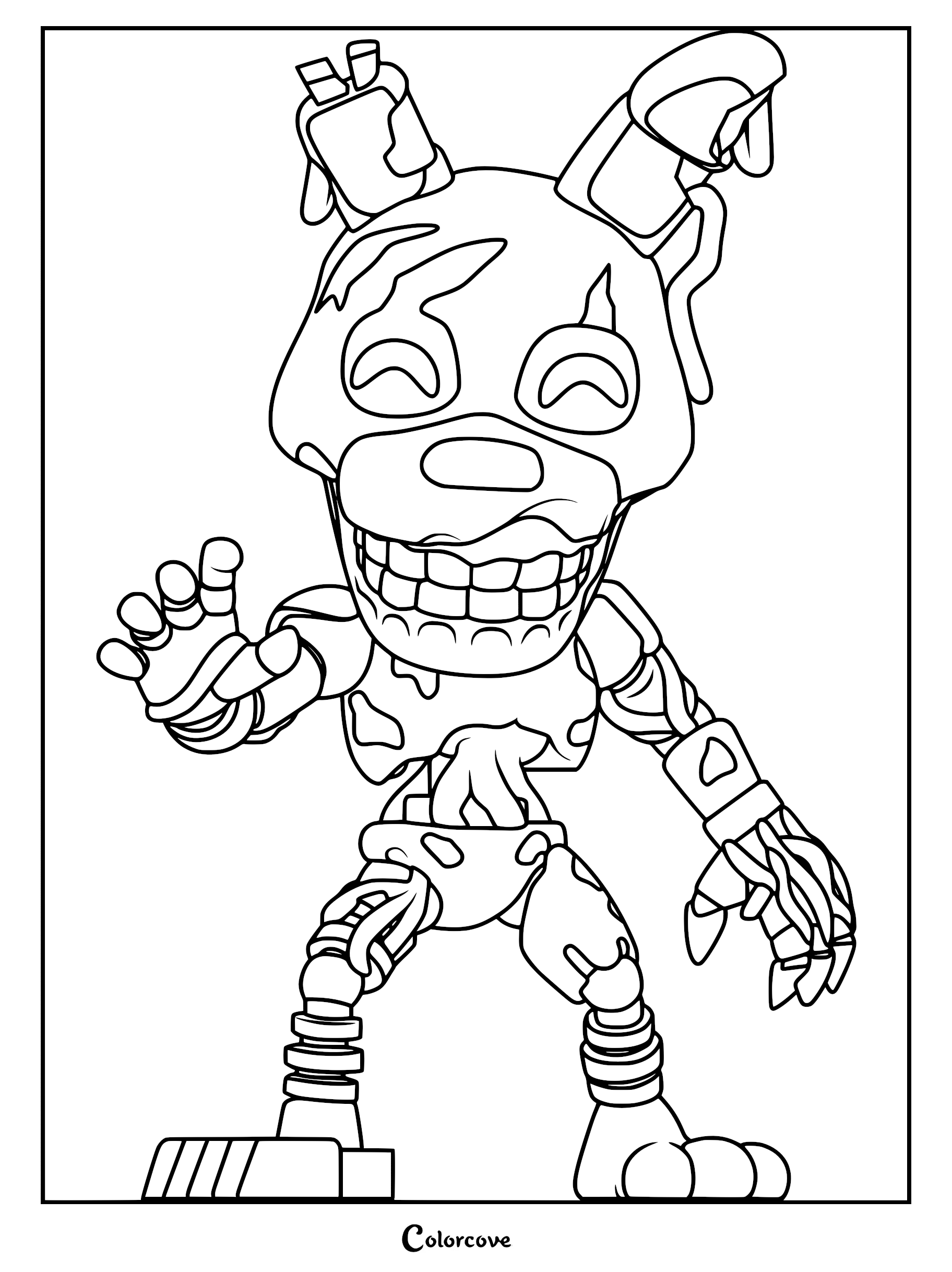 A detailed line art coloring page of Burntrap from Five Nights at Freddy's, featuring his decaying rabbit suit, exposed endoskeleton, and wide, menacing grin.