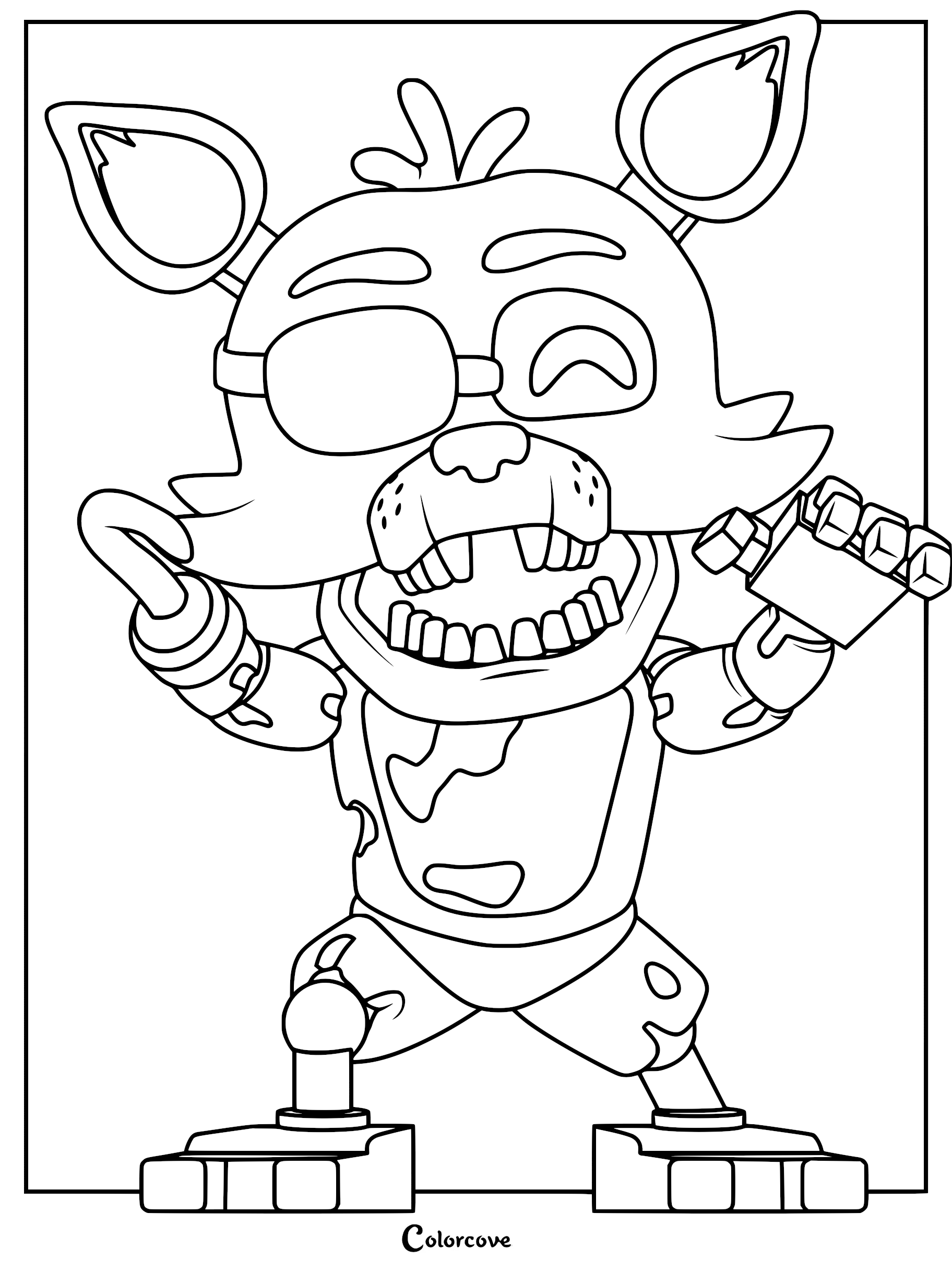 Foxy from Five Nights at Freddy's coloring page featuring the pirate fox with his signature eyepatch, hook, and tattered fur.