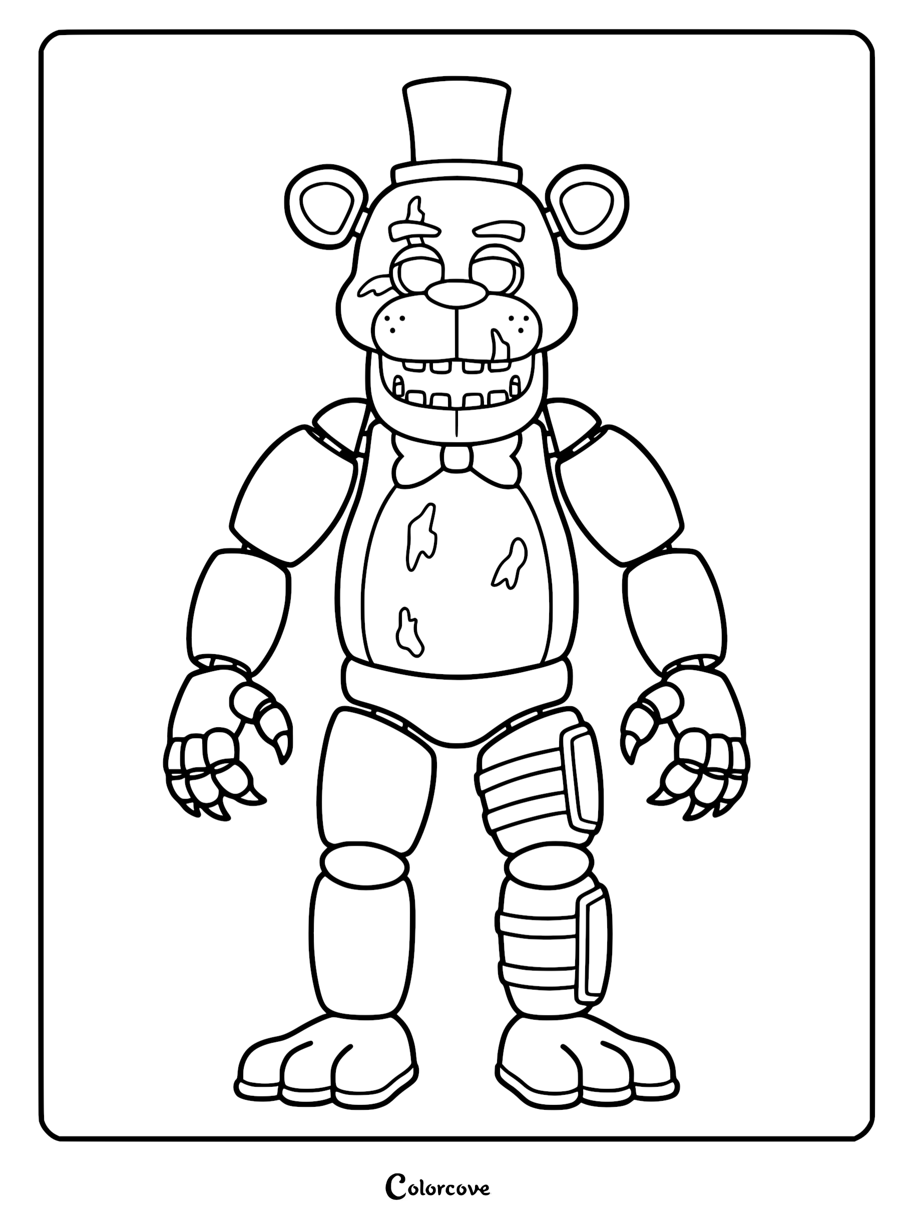 A detailed line art coloring page of Withered Freddy from Five Nights at Freddy's, showing his damaged suit, missing face plating, and exposed endoskeleton parts.