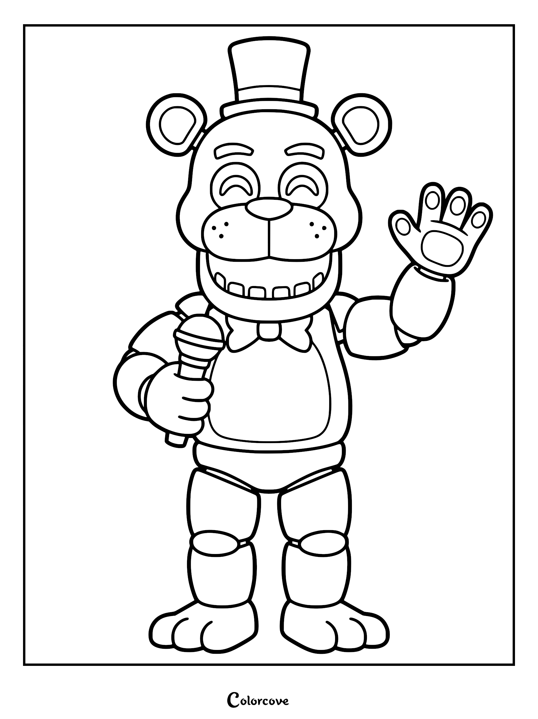 Freddy Fazbear from Five Nights at Freddy's waving hello while holding a microphone in this printable coloring page.