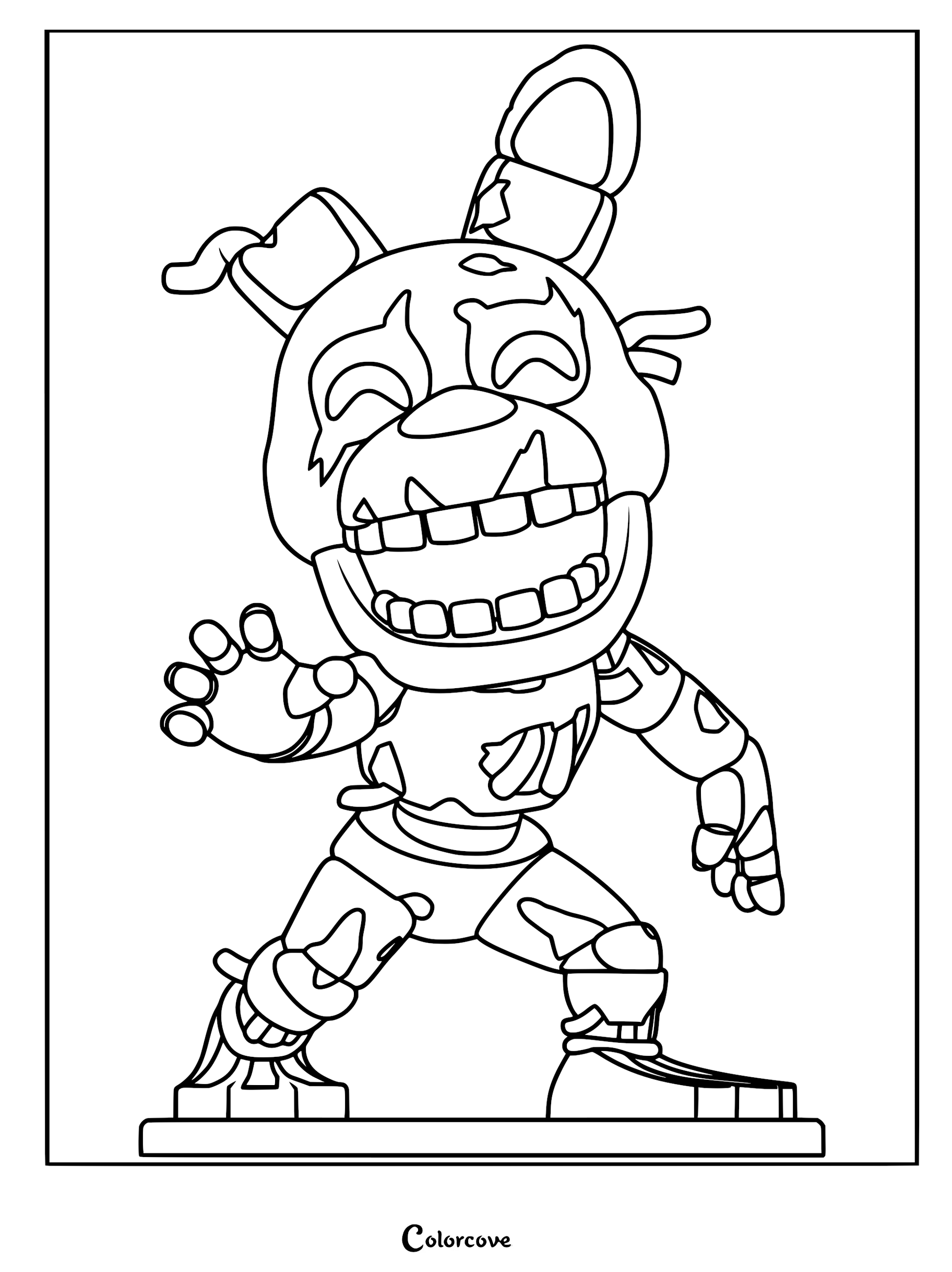 A detailed coloring page featuring the decaying animatronic Springtrap with a wide, toothy grin and tattered suit details.