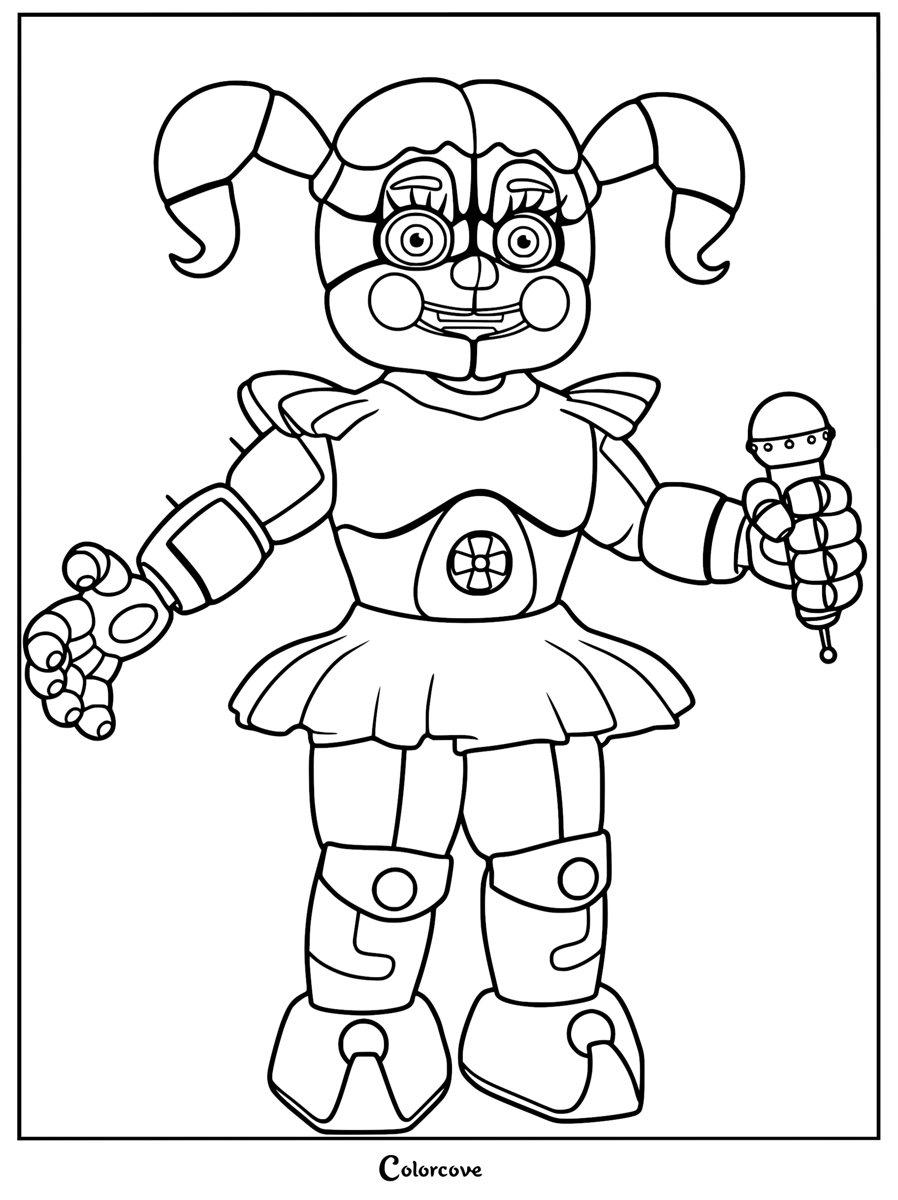 Circus Baby from Five Nights at Freddy's Sister Location holding a microphone in this detailed line art coloring page.