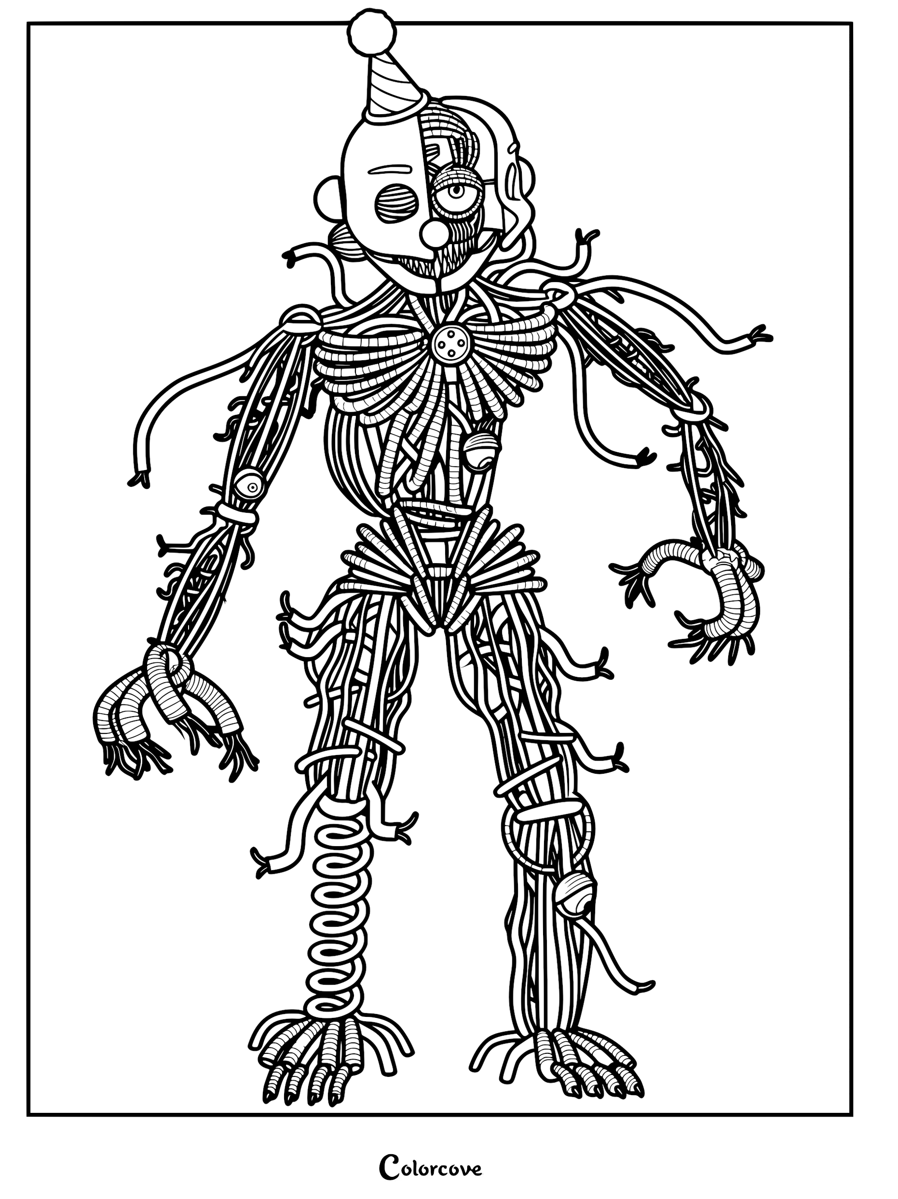 Detailed line art of Ennard from Five Nights at Freddy's, showing his complex tangled wire body and clown mask for a printable coloring page.